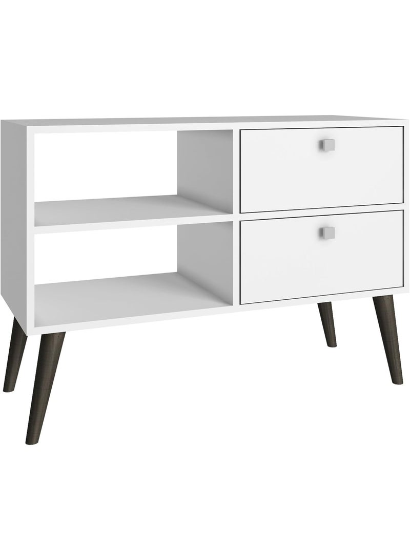 Manhattan Comfort Dalarna Series Long Tabletop TV Stand Console with Open Shelf Design and 2 Drawers, White - Image 1